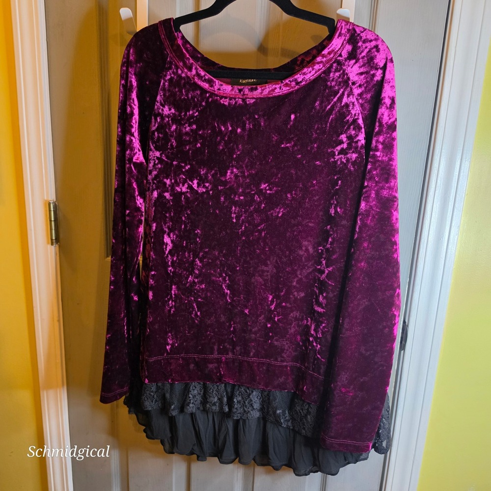 Karen Kane Purple Crushed Velvet Lace Trim Layered Top Womens Large L